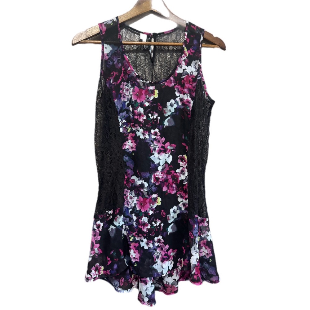 Studio Y Floral Lace Sleeveless‎ Top Womens Large Black Pink Purple Excellent